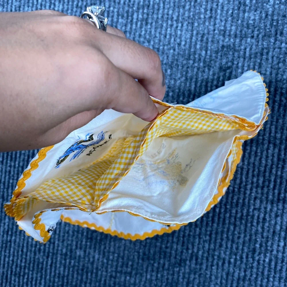 Vintage Azores Portugal Souvenir Bread Basket Liner Yellow Gingham Ric Rac 11.5
